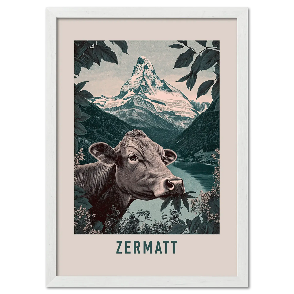 The Essence of Zermatt - Poster featuring a cow and Matterhorn near a mountain lake in peaceful tones.