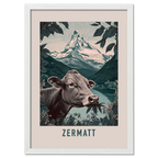 The Essence of Zermatt - Poster featuring a cow and Matterhorn near a mountain lake in peaceful tones.