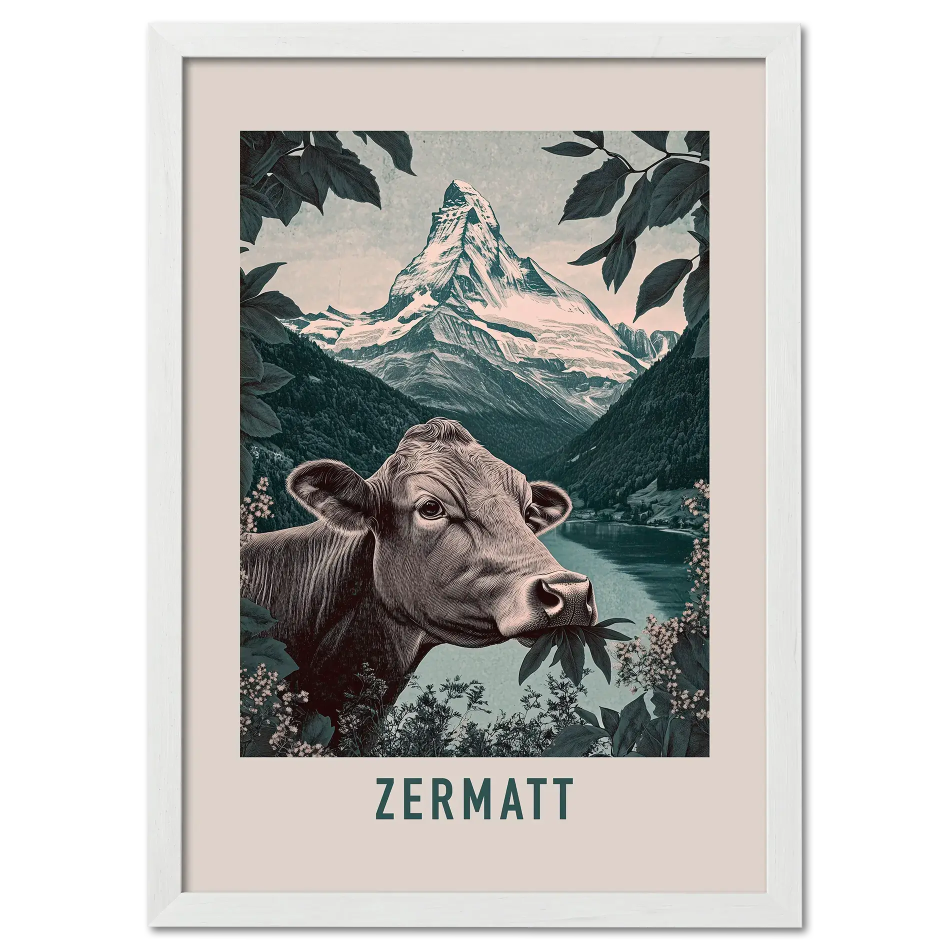 The Essence of Zermatt - Poster featuring a cow and Matterhorn near a mountain lake in peaceful tones.