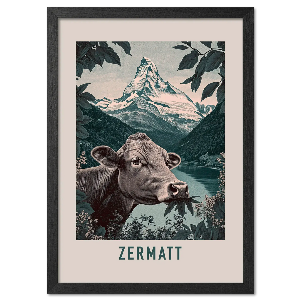 The Essence of Zermatt - Poster featuring a cow in front of Matterhorn and a tranquil mountain lake.