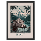 The Essence of Zermatt - Poster featuring a cow in front of Matterhorn and a tranquil mountain lake.