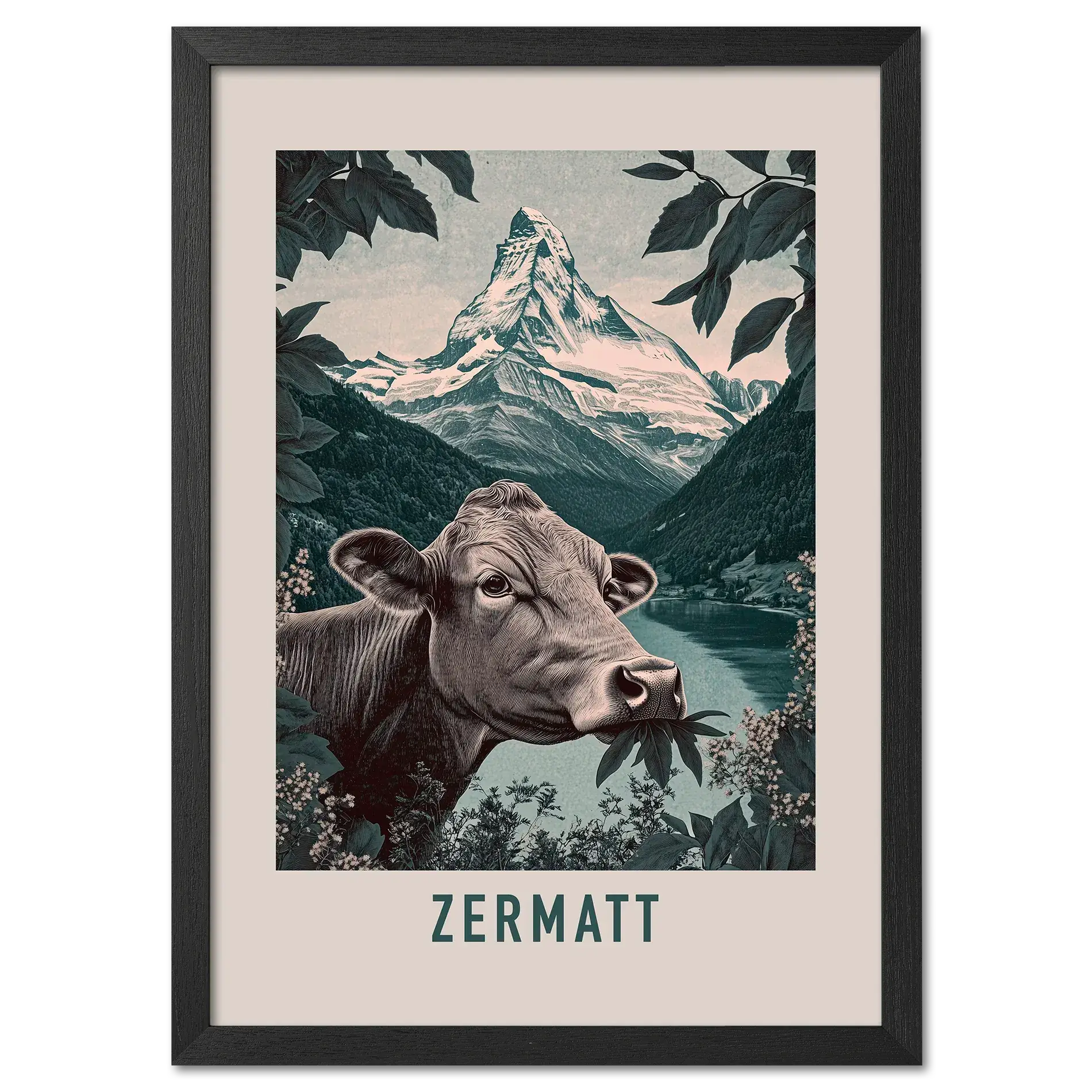 The Essence of Zermatt - Poster featuring a cow in front of Matterhorn and a tranquil mountain lake.