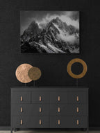 The Majesty of the Alps – Alu-Dibond wall art displayed above a modern dresser with decorative sculptures.
