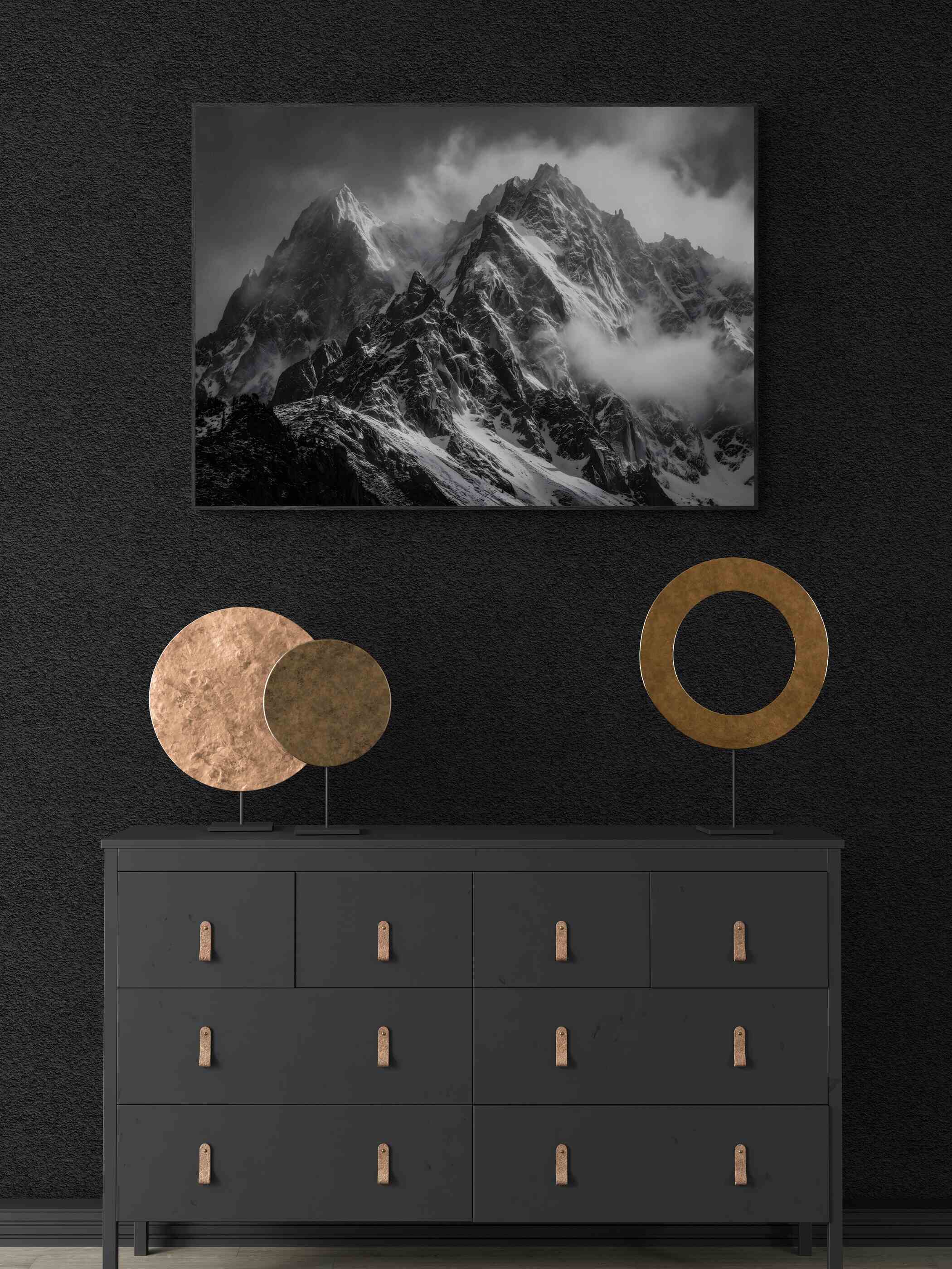 The Majesty of the Alps – Alu-Dibond wall art displayed above a modern dresser with decorative sculptures.