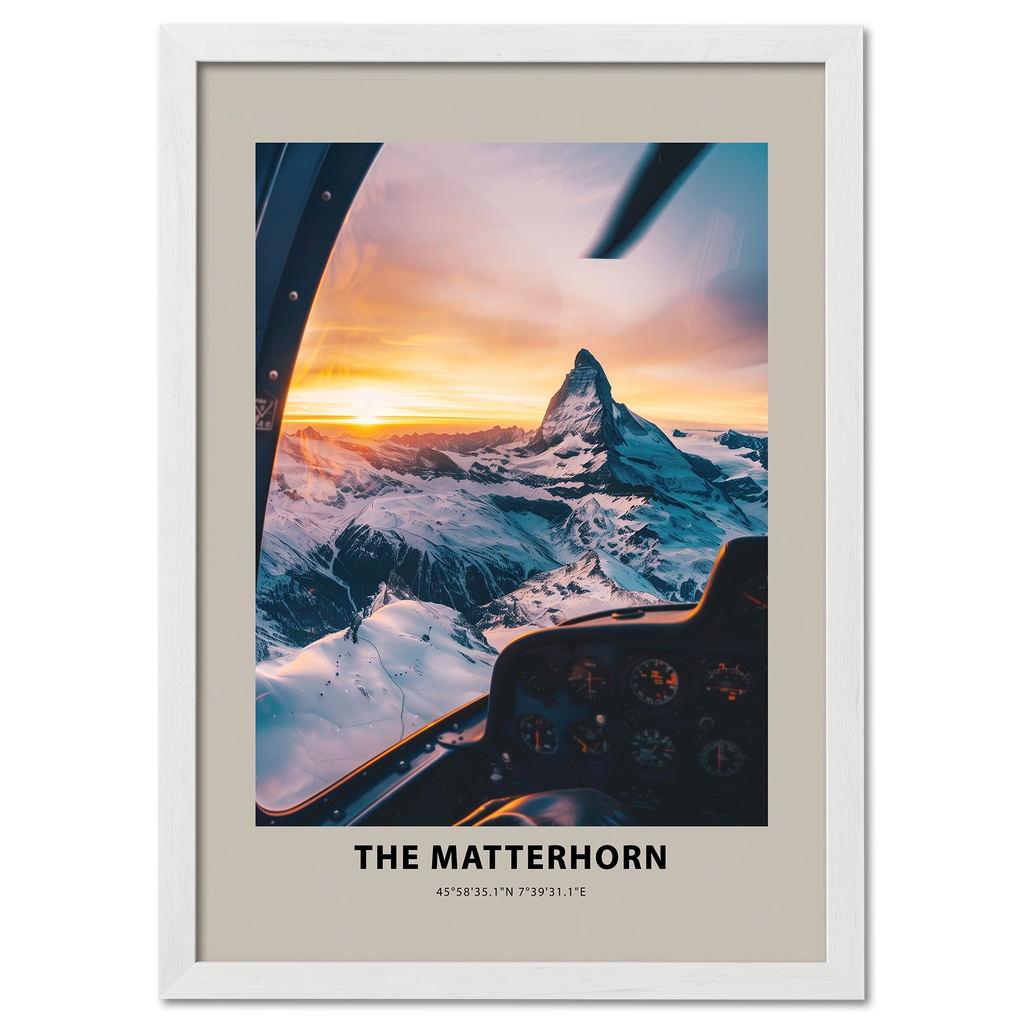 The Matterhorn - Poster featuring aerial view at sunrise from cockpit, showcasing snowy peaks and stunning light.