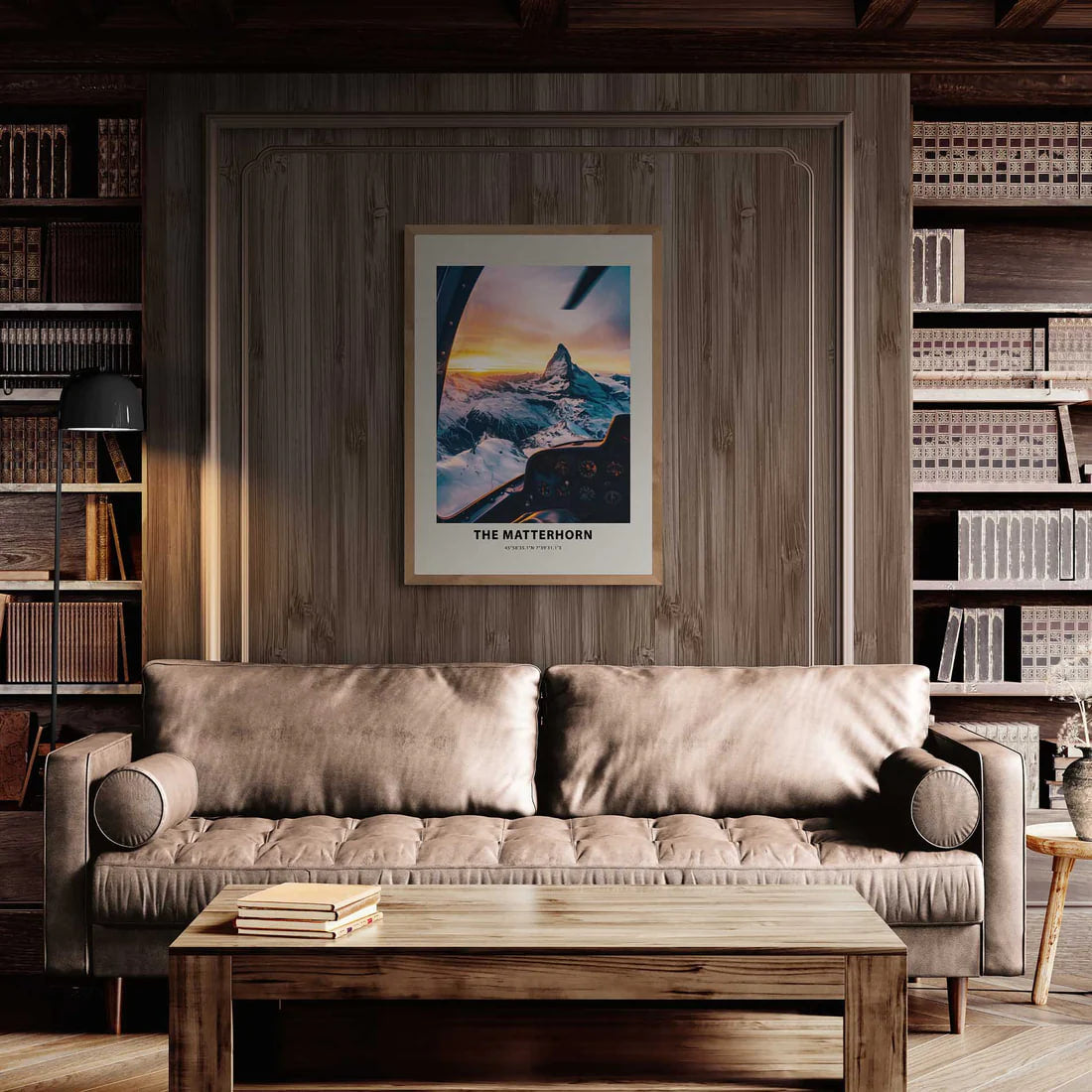 The Matterhorn - Poster showcased in a cozy room with a sofa and bookshelves, highlighting wall art for modern interiors.