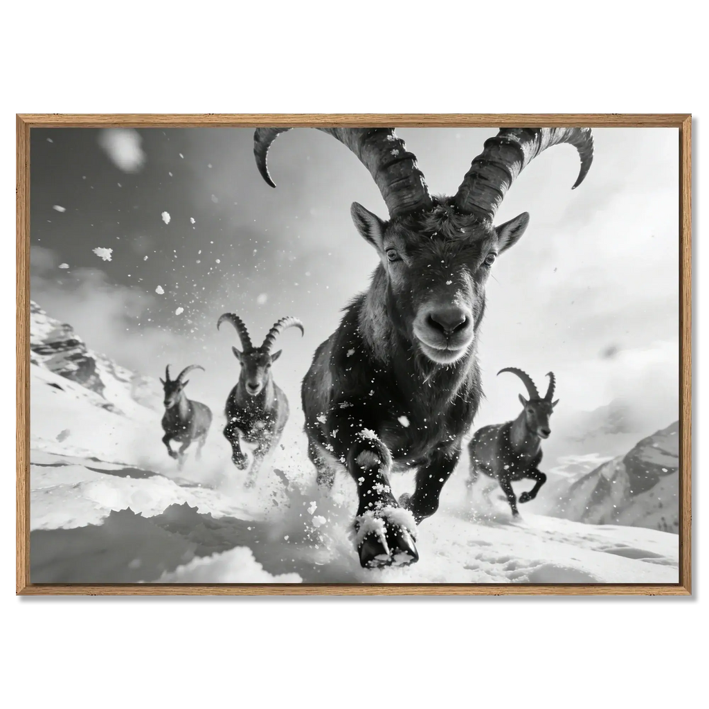 The Running Ibex – Alu-Dibond wall art featuring alpine ibex charging through snow.