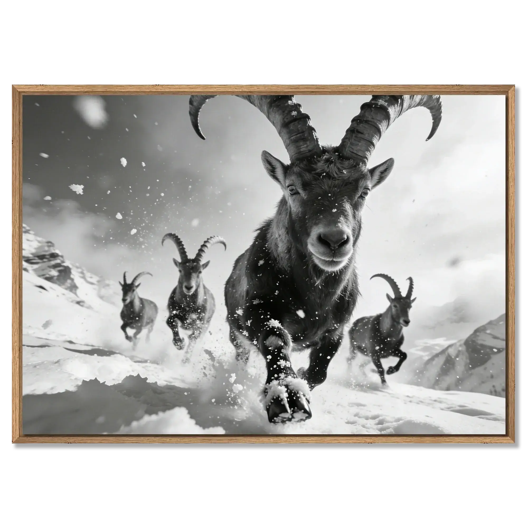 The Running Ibex – Alu-Dibond wall art featuring alpine ibex charging through snow.