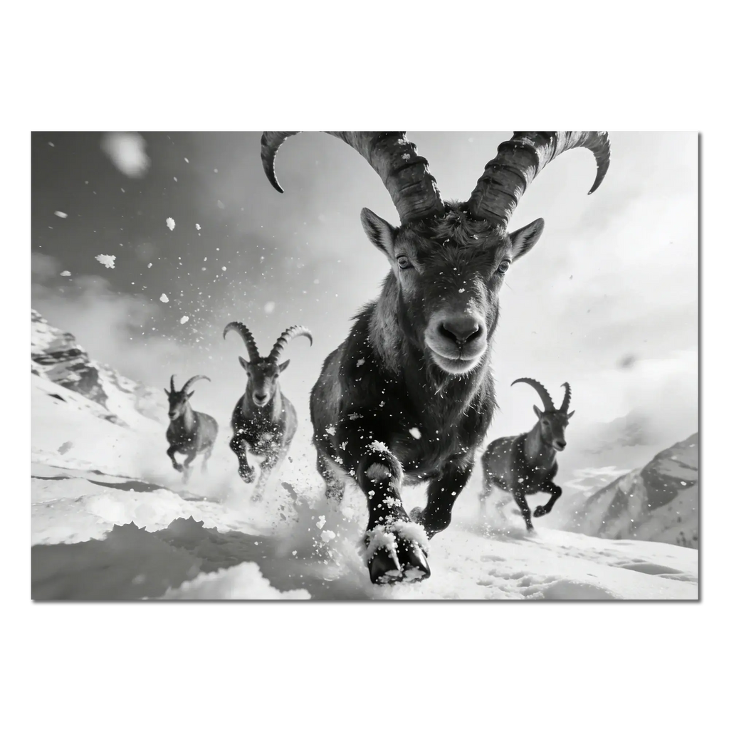 The Running Ibex – Alu-Dibond wall art featuring a powerful ibex charging through snow.