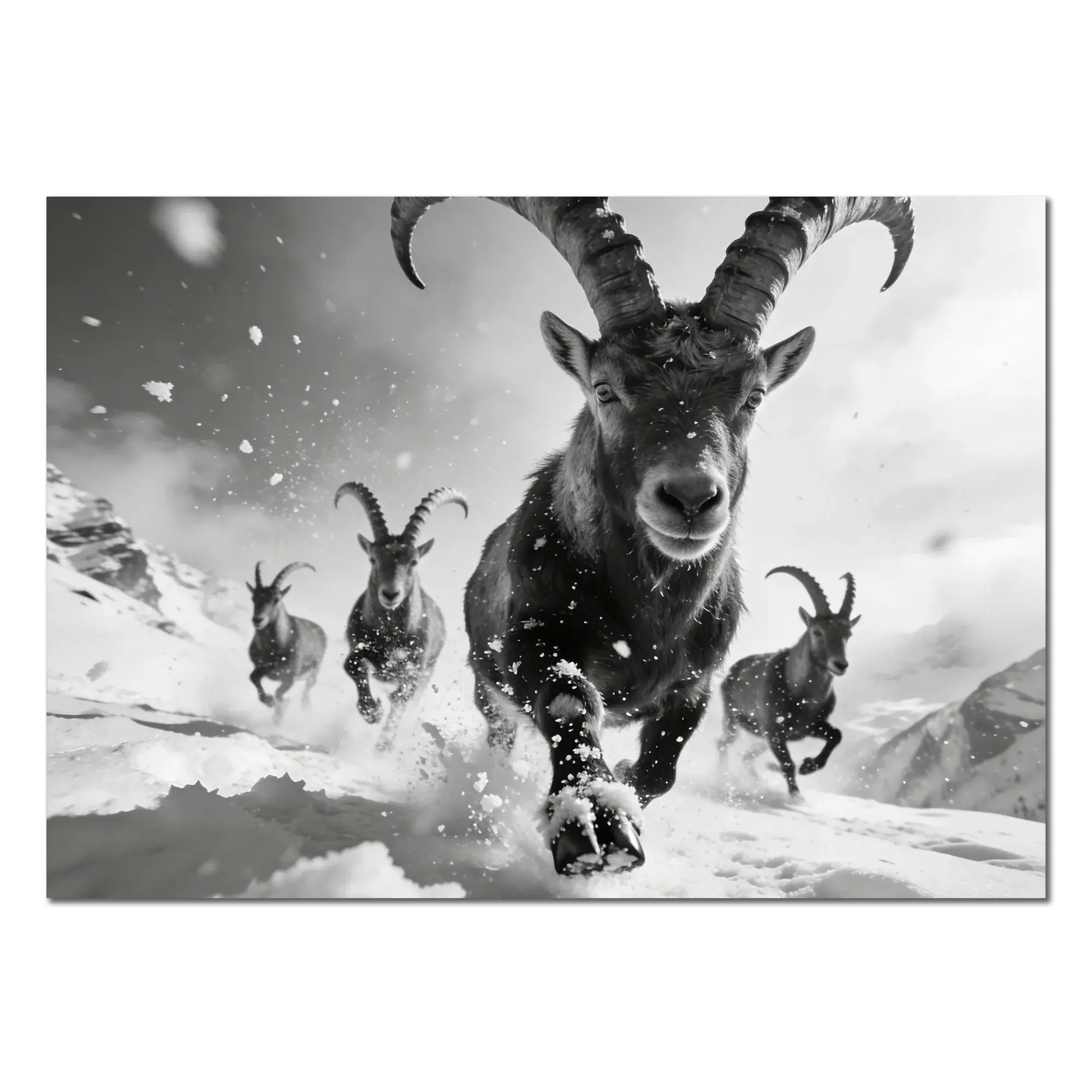 The Running Ibex – Alu-Dibond wall art featuring a powerful ibex charging through snow.
