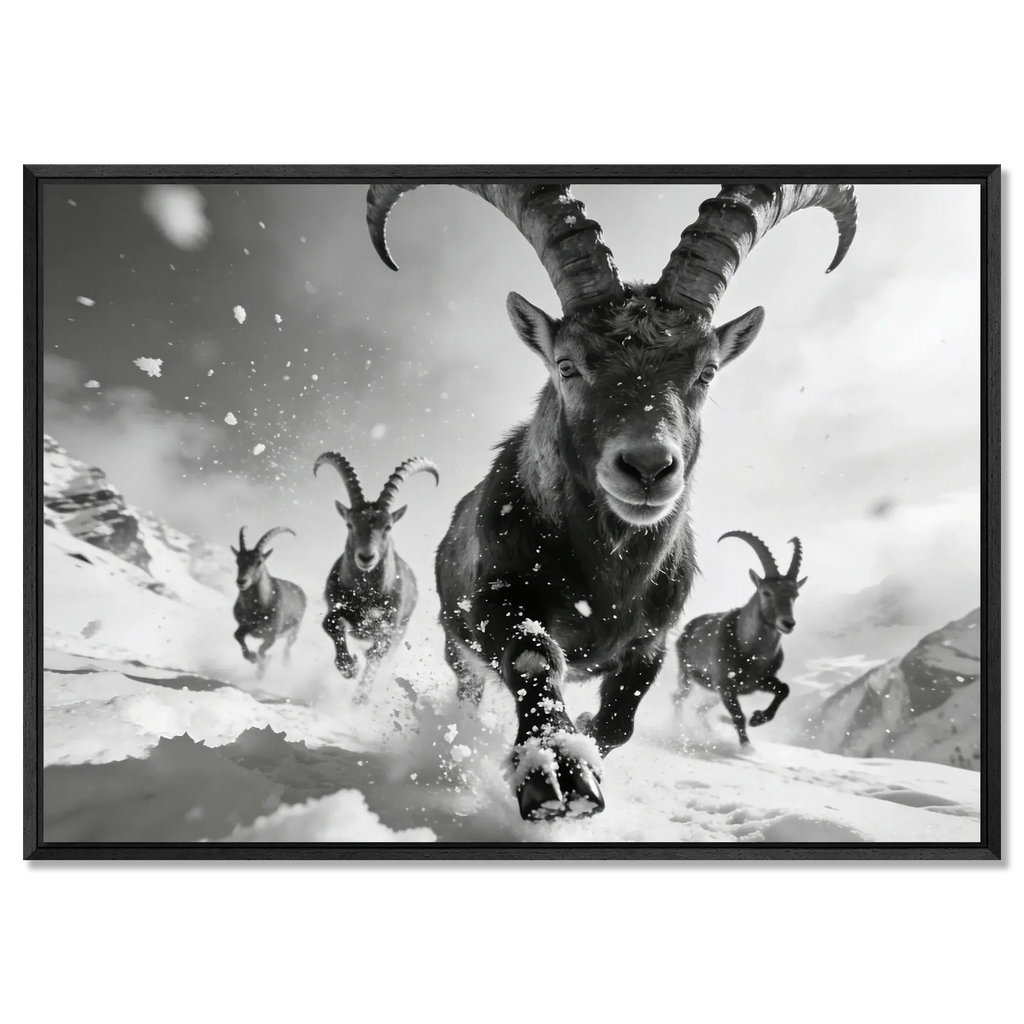 The Running Ibex – Alu-Dibond wall art featuring alpine ibex charging through snow.