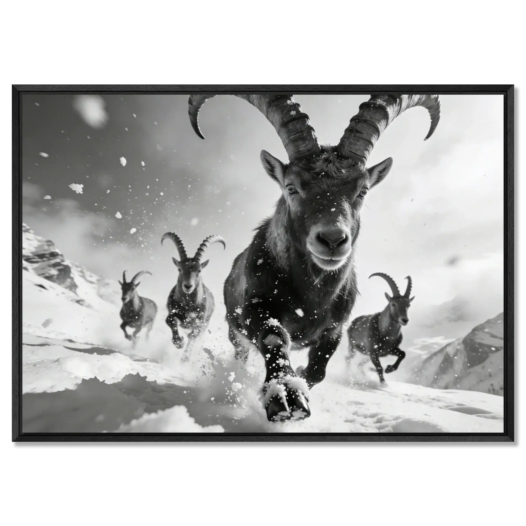 The Running Ibex – Alu-Dibond wall art featuring alpine ibex charging through snow.
