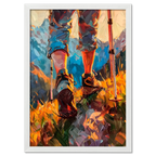 The Traveler’s Path - Poster showcasing hiking boots and poles in tall grass with vibrant colors.