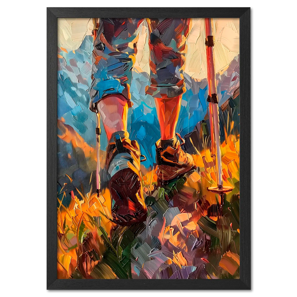 The Traveler’s Path - Poster featuring hiking boots and poles in vibrant grass and sunlight.