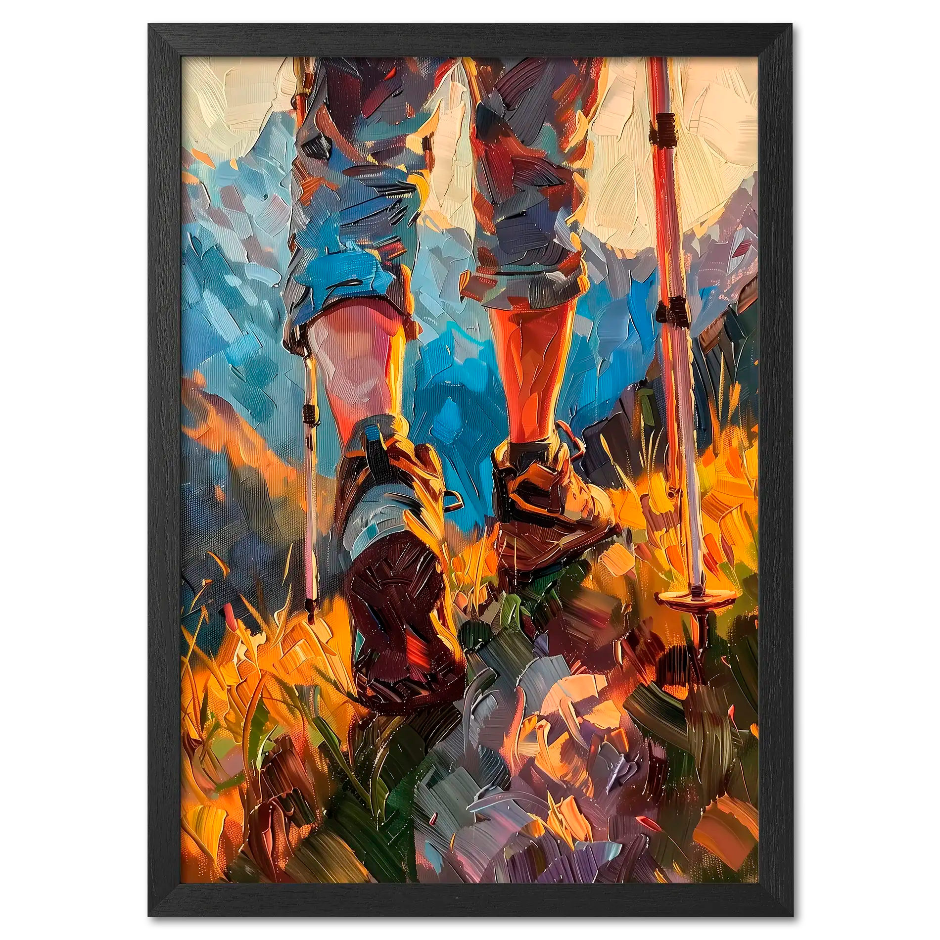 The Traveler’s Path - Poster featuring hiking boots and poles in vibrant grass and sunlight.