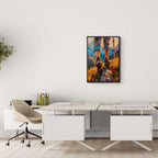 The Traveler’s Path - Poster displayed in a minimalist home office, enhancing the bright decor with vibrant colors.