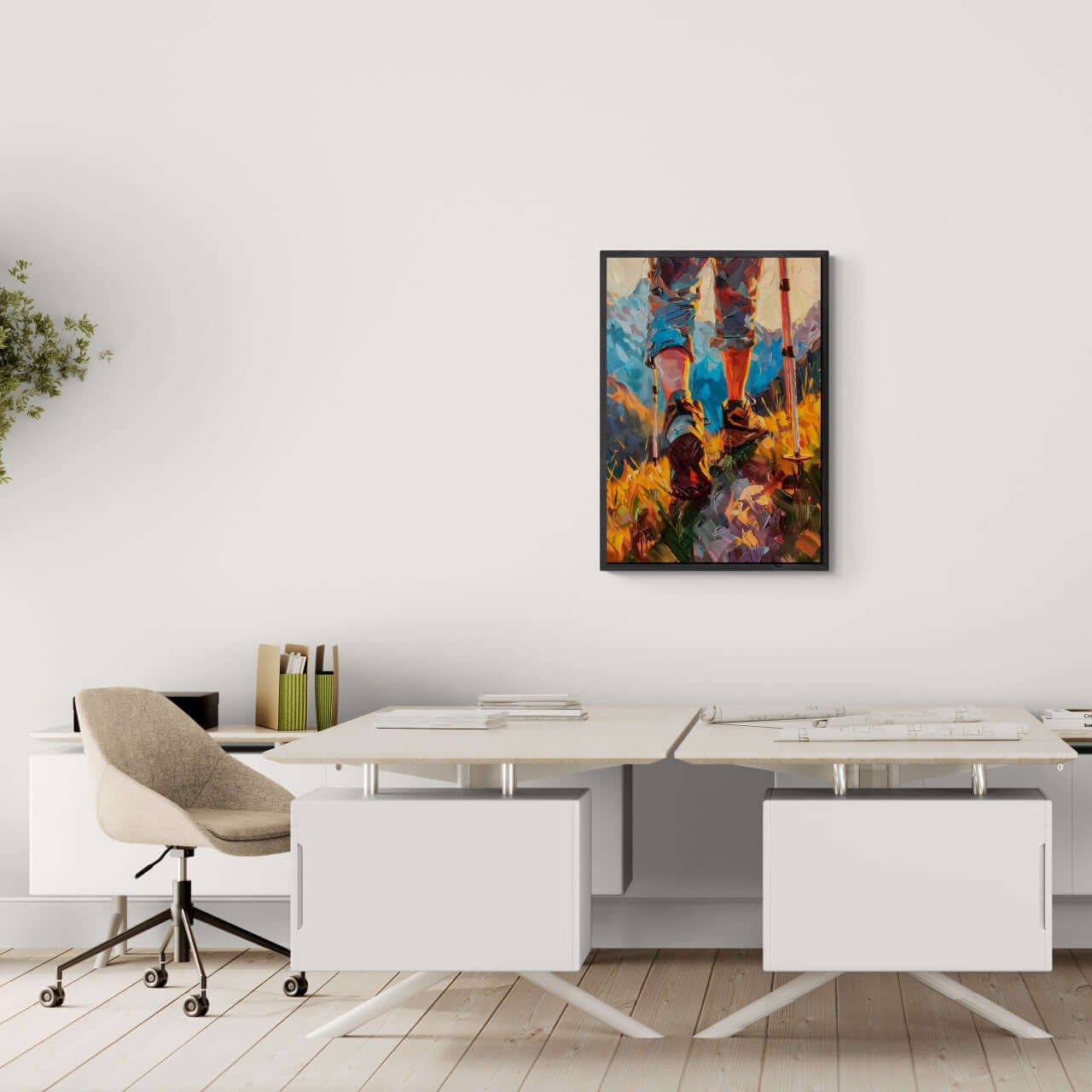 The Traveler’s Path - Poster displayed in a minimalist home office, enhancing the bright decor with vibrant colors.