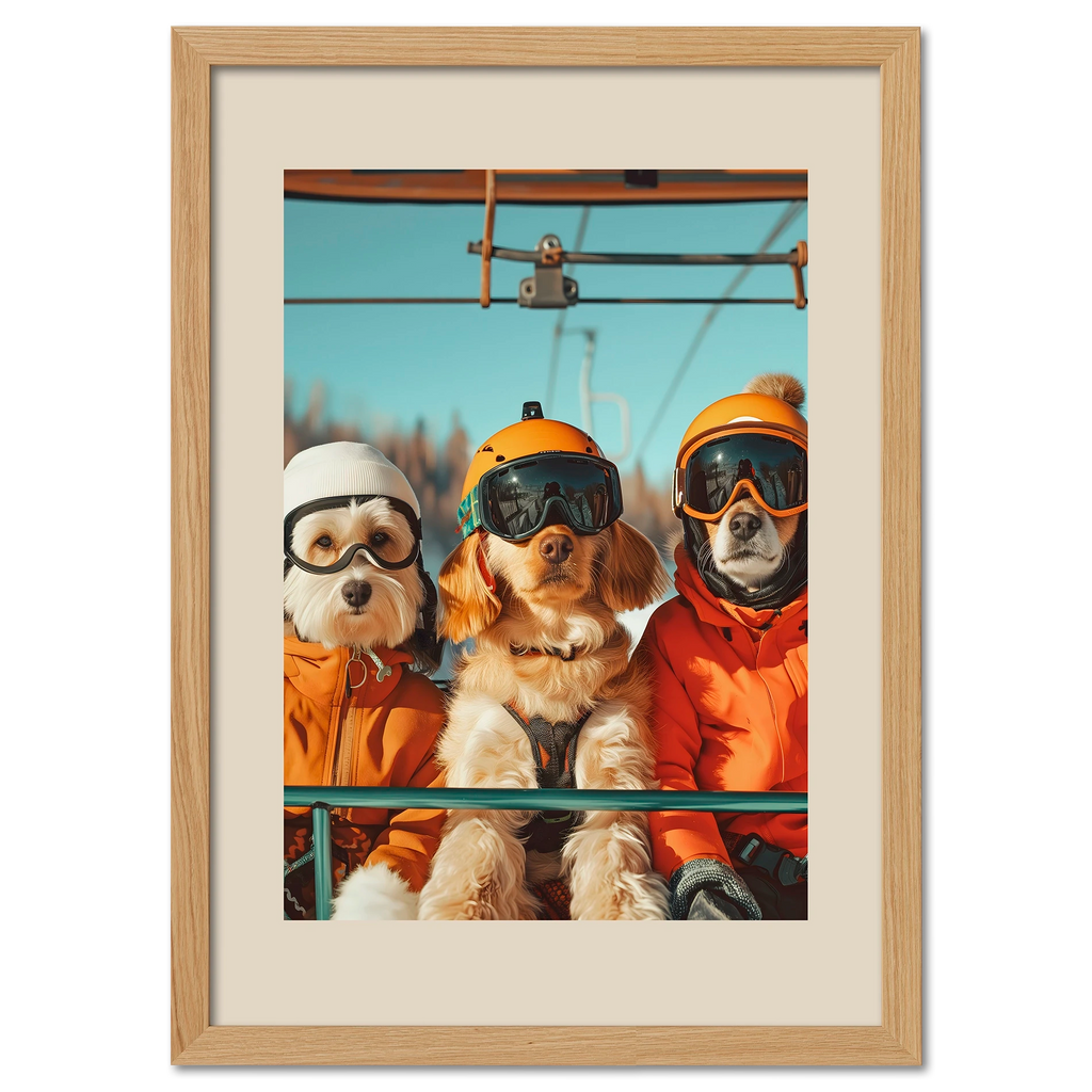 Three dogs of a skier - Poster featuring dogs on a ski lift in bright winter gear with goggles.