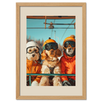 Three dogs of a skier - Poster featuring dogs on a ski lift in bright winter gear with goggles.