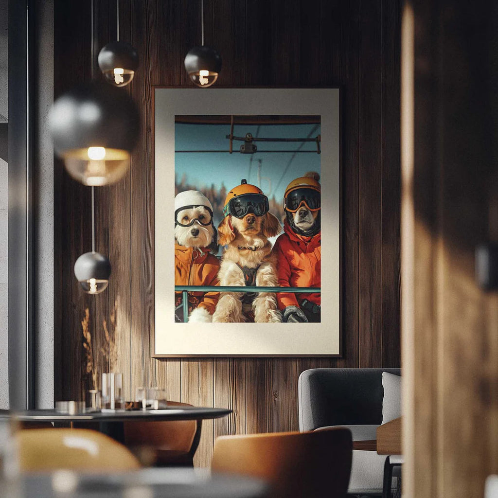 Three dogs of a skier - Poster hanging in a modern interior, showcasing playful dogs in ski gear on a ski lift.