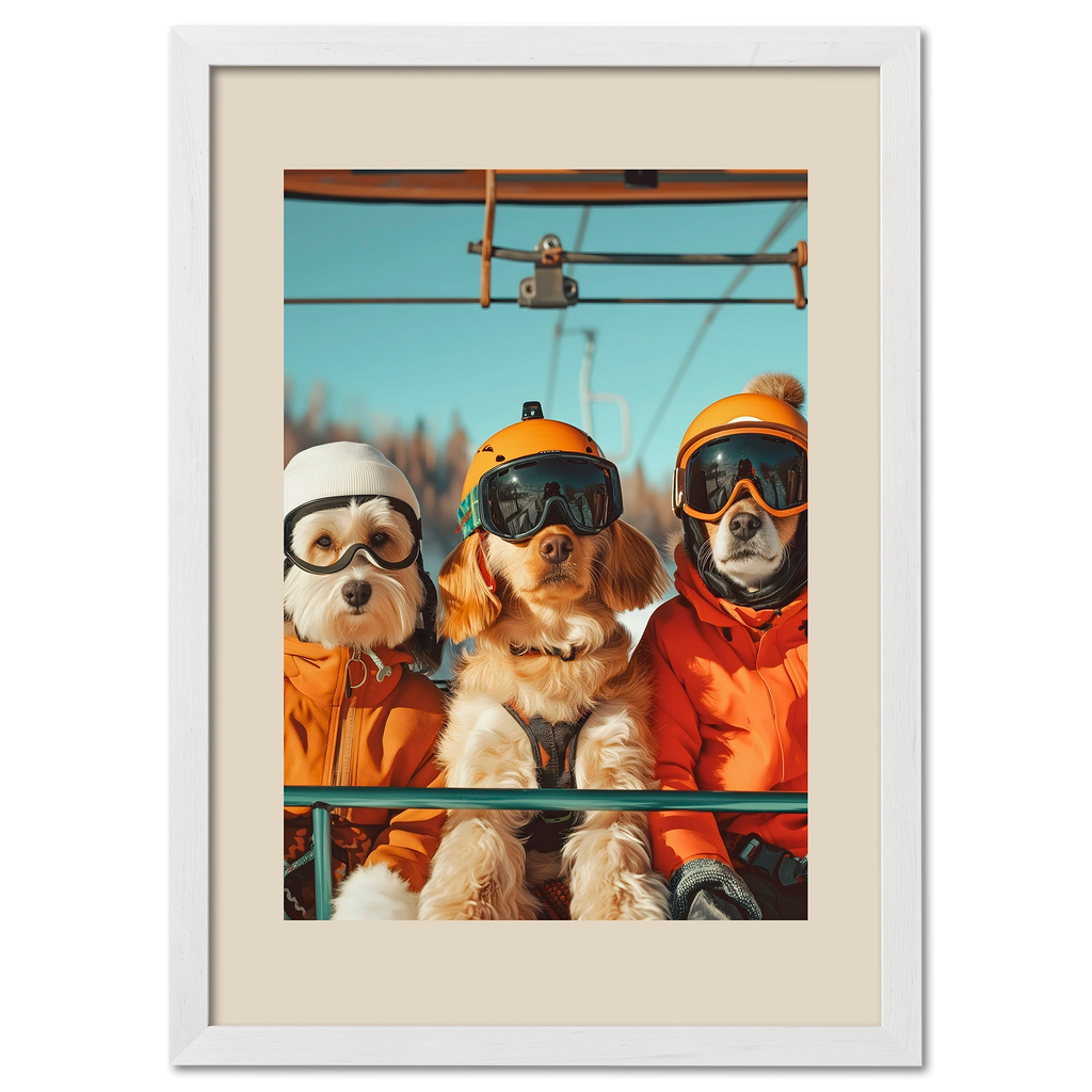 Three dogs of a skier - Poster featuring playful dogs on a ski lift in winter gear with goggles and colorful outfits.
