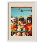 Three dogs of a skier - Poster featuring playful dogs on a ski lift in winter gear with goggles and colorful outfits.