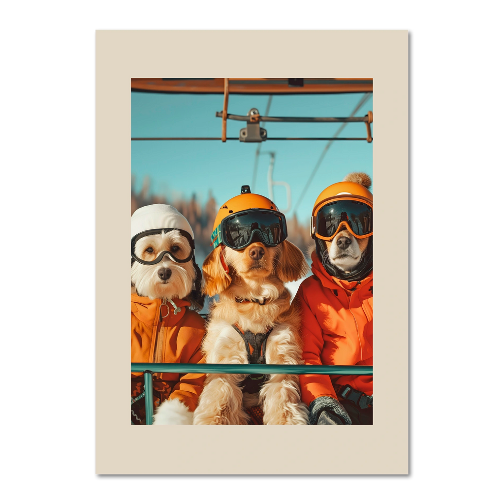 Three dogs of a skier - Poster featuring three dogs in ski gear on a ski lift, surrounded by a clear blue sky.