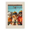 Three dogs of a skier - Poster featuring three dogs in ski gear on a ski lift, surrounded by a clear blue sky.