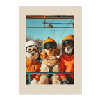 Three dogs of a skier - Poster featuring three dogs in ski gear on a ski lift, surrounded by a clear blue sky.