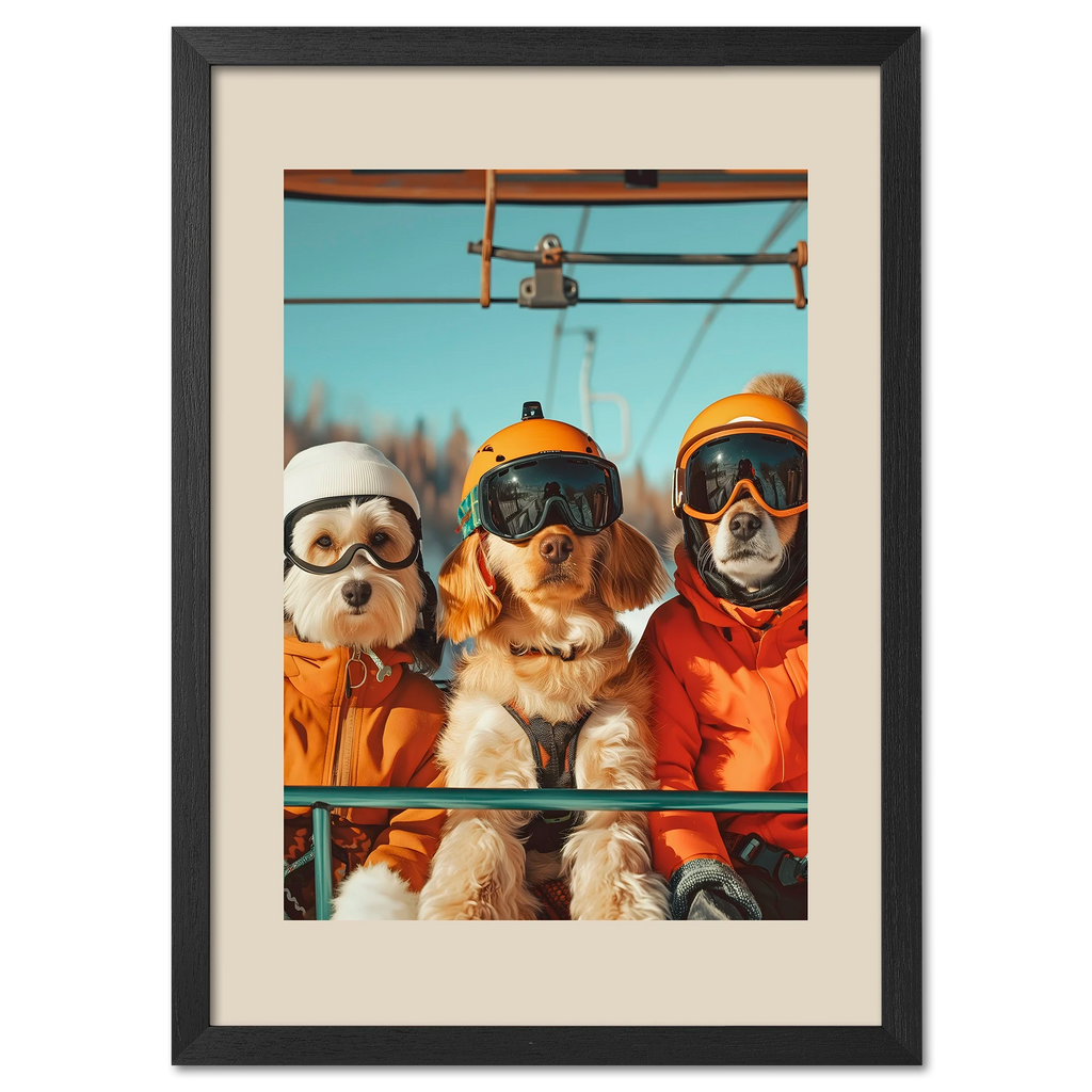 Three dogs of a skier - Poster featuring three dogs on a ski lift in winter gear with ski goggles.