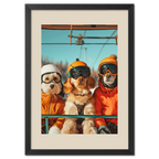Three dogs of a skier - Poster featuring three dogs on a ski lift in winter gear with ski goggles.