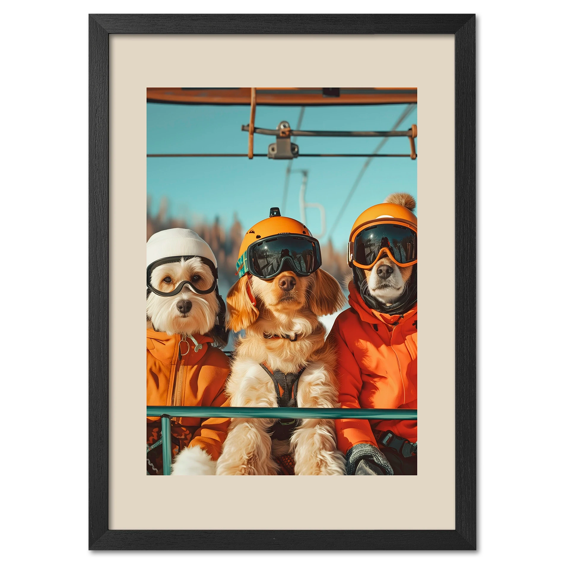 Three dogs of a skier - Poster featuring three dogs on a ski lift in winter gear with ski goggles.