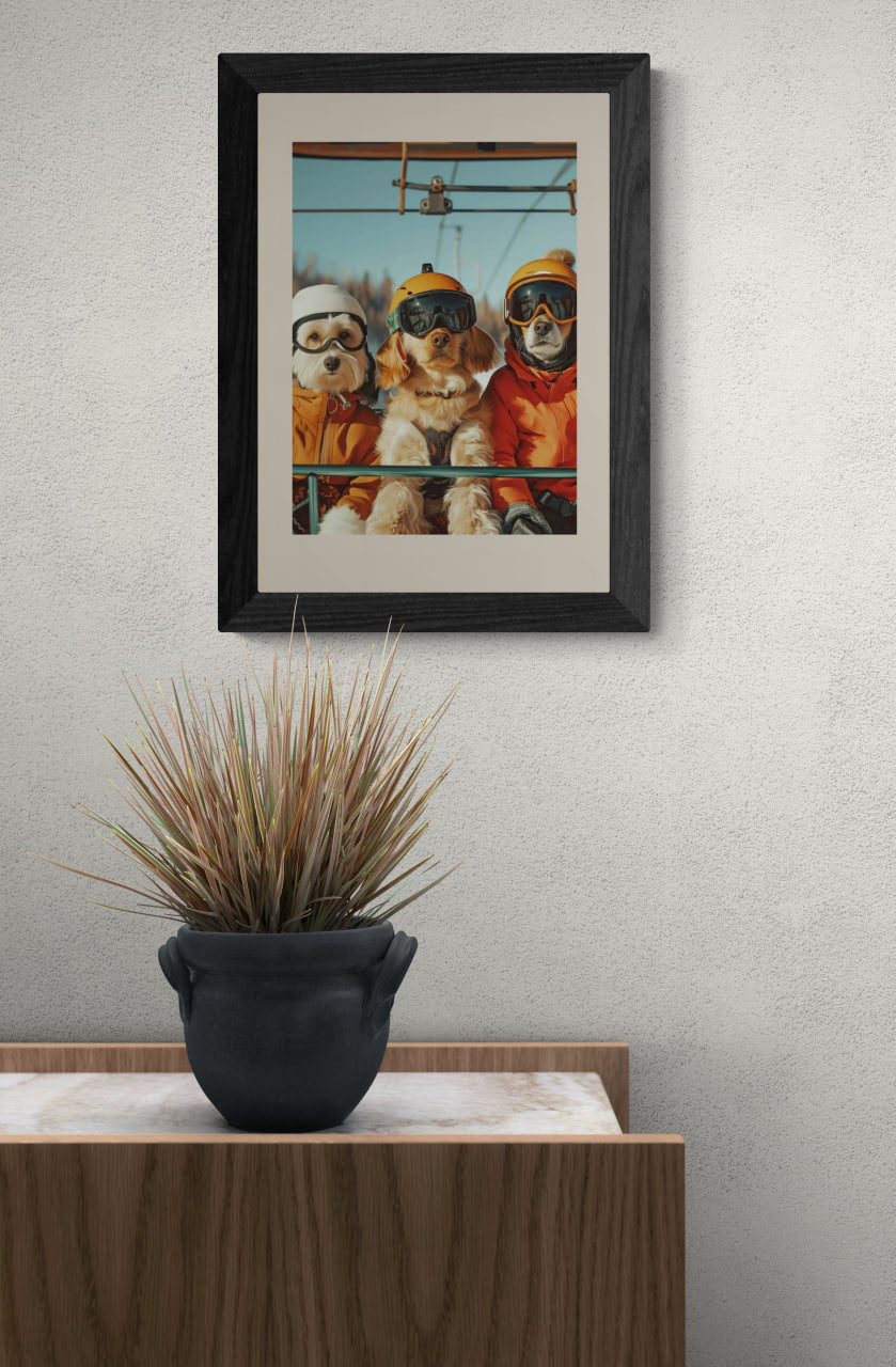Three dogs of a skier - Poster featuring cheerful dogs on ski lift, perfect wall art for modern interiors.