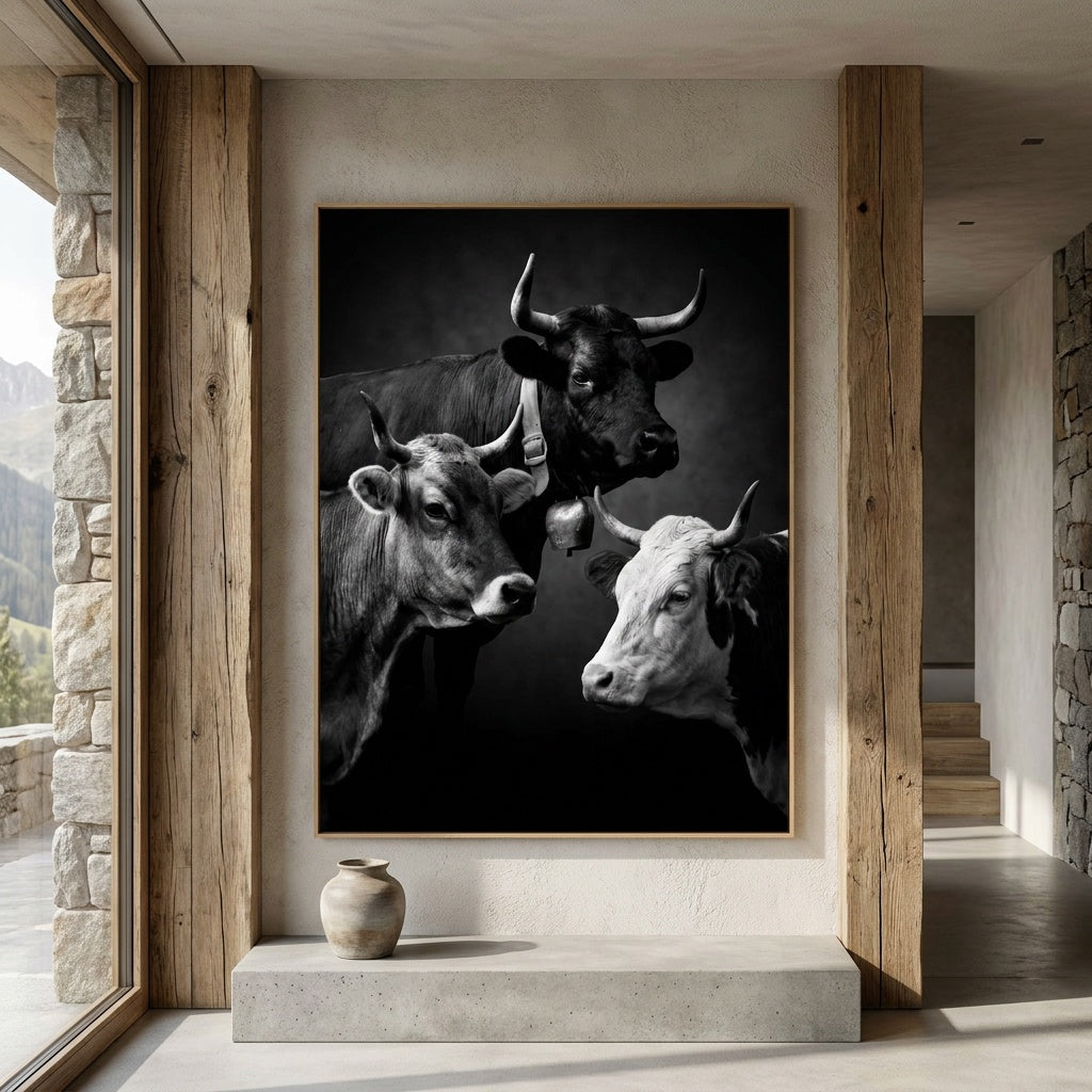 Three Faces of Switzerland depicting three Swiss cattle breeds in a striking black and white portrait.