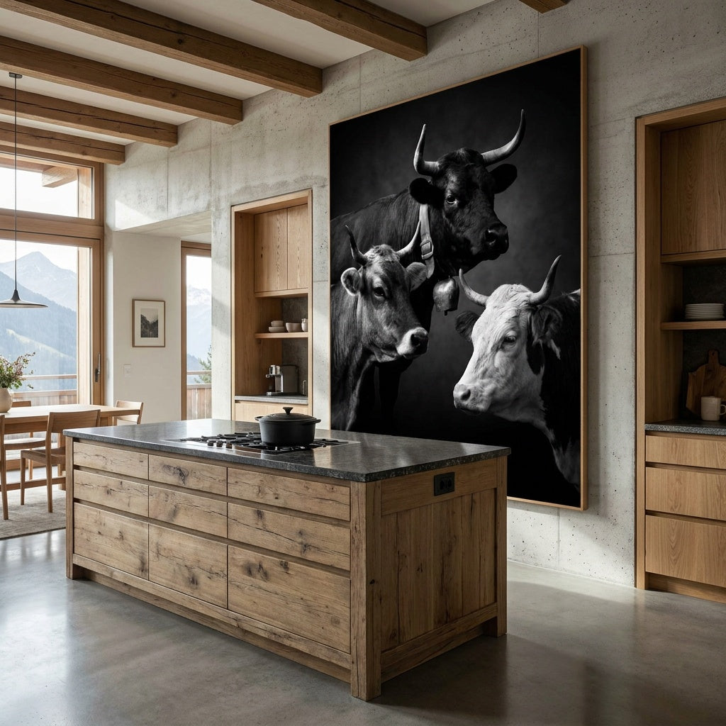 Three Faces of Switzerland featuring three Swiss cattle breeds in a modern kitchen setting.