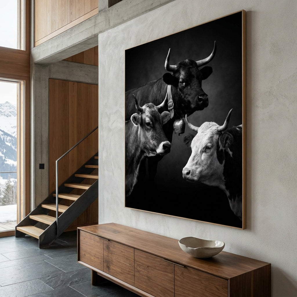 Artwork of Three Faces of Switzerland featuring Hérens, Swiss Braunvieh, and Simmental cattle in a contemporary setting.