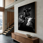 Artwork of Three Faces of Switzerland featuring Hérens, Swiss Braunvieh, and Simmental cattle in a contemporary setting.