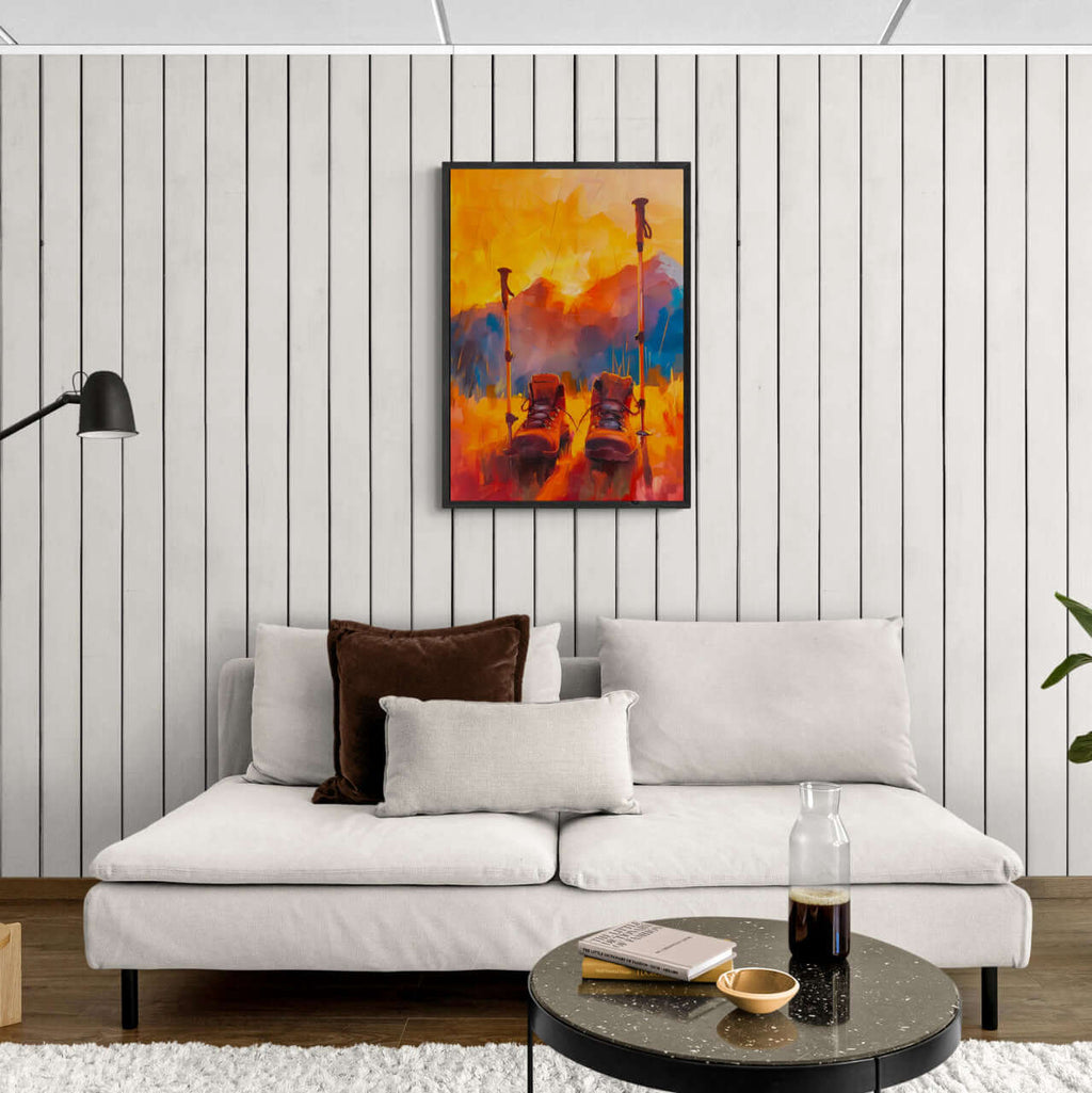 Time to Pause and Savor - Poster featuring hiking boots in a sunset mountain field, adding warm colors to modern interiors.