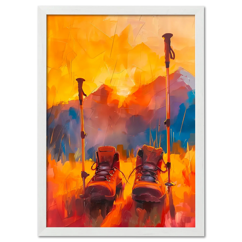 Time to Pause and Savor - Poster featuring hiking boots and walking poles against a sunset mountain backdrop.