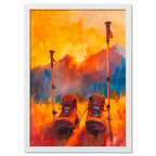 Time to Pause and Savor - Poster featuring hiking boots and walking poles against a sunset mountain backdrop.