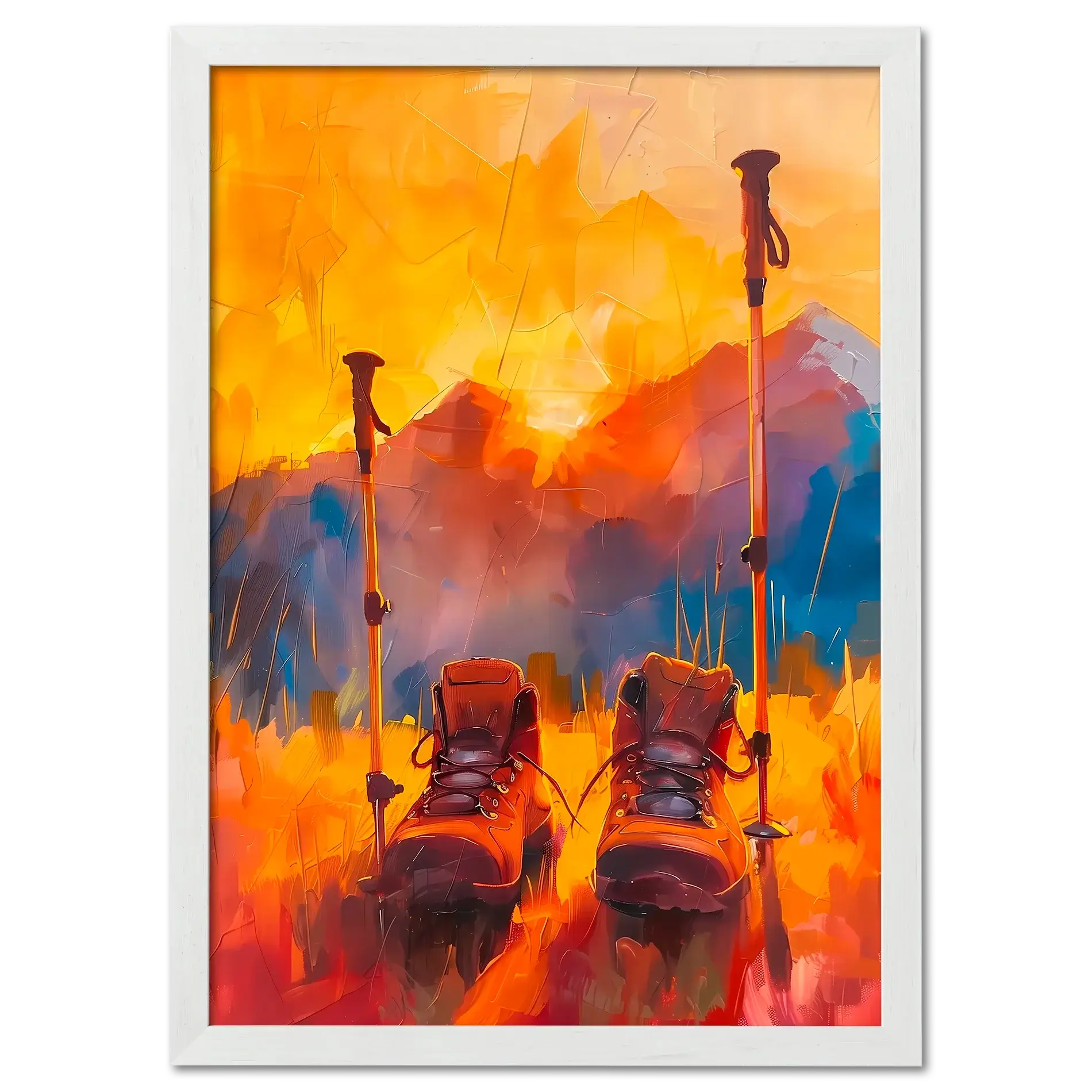 Time to Pause and Savor - Poster featuring hiking boots and walking poles against a sunset mountain backdrop.