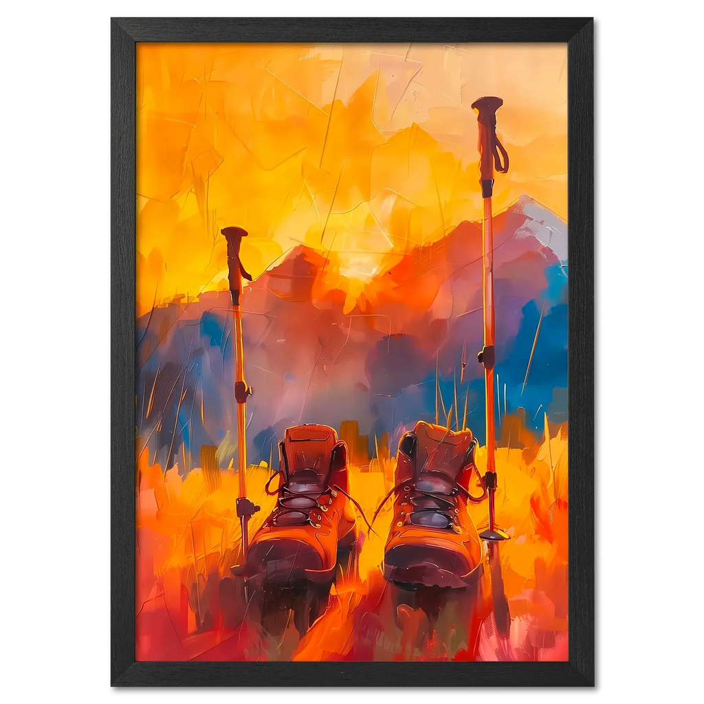 Time to Pause and Savor - Poster featuring hiking boots and walking poles in a sunset mountain field.