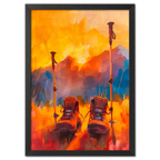 Time to Pause and Savor - Poster featuring hiking boots and walking poles in a sunset mountain field.