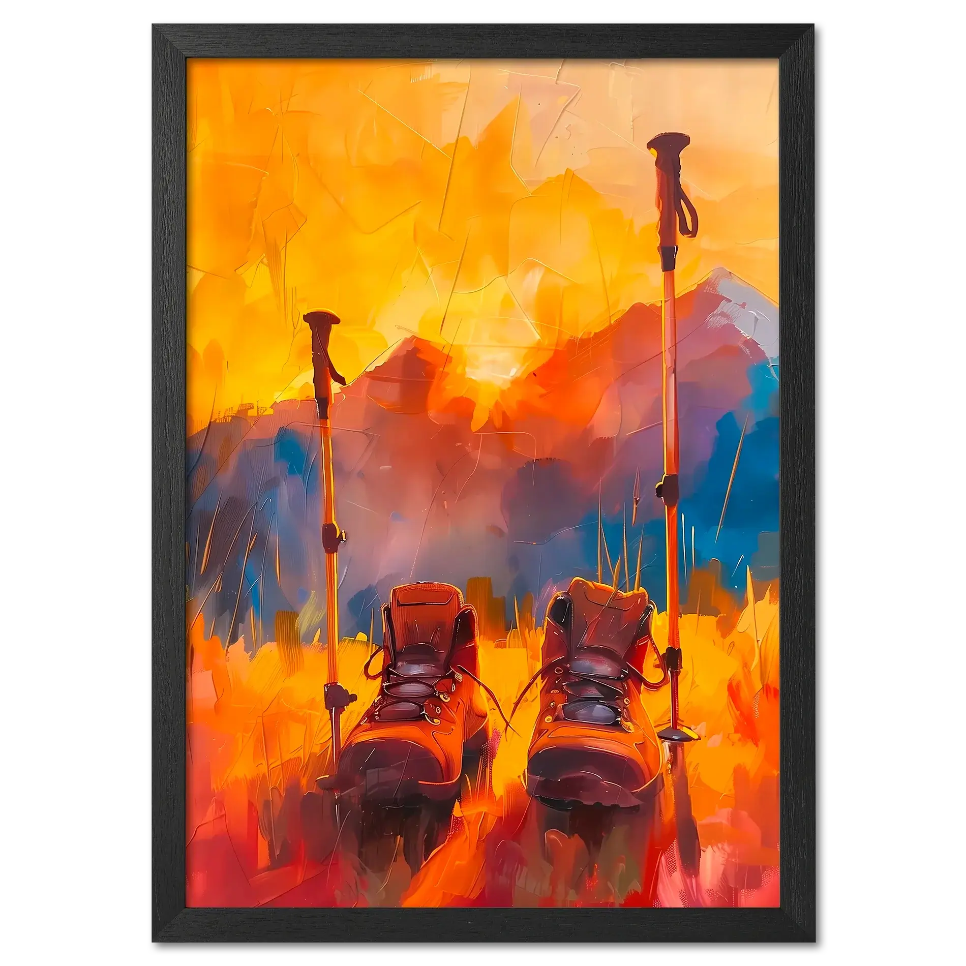 Time to Pause and Savor - Poster featuring hiking boots and walking poles in a sunset mountain field.