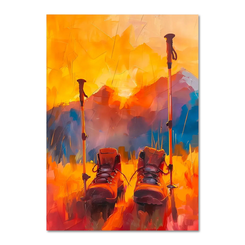 Time to Pause and Savor - Poster featuring hiking boots and walking poles in a sunset mountain field.