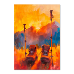 Time to Pause and Savor - Poster featuring hiking boots and walking poles in a sunset mountain field.