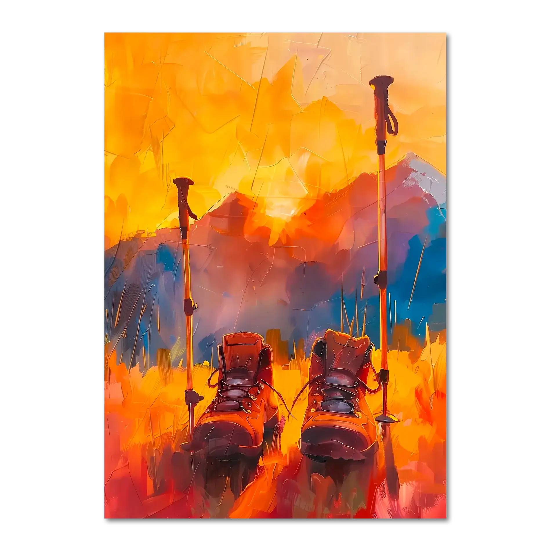 Time to Pause and Savor - Poster featuring hiking boots and walking poles in a sunset mountain field.