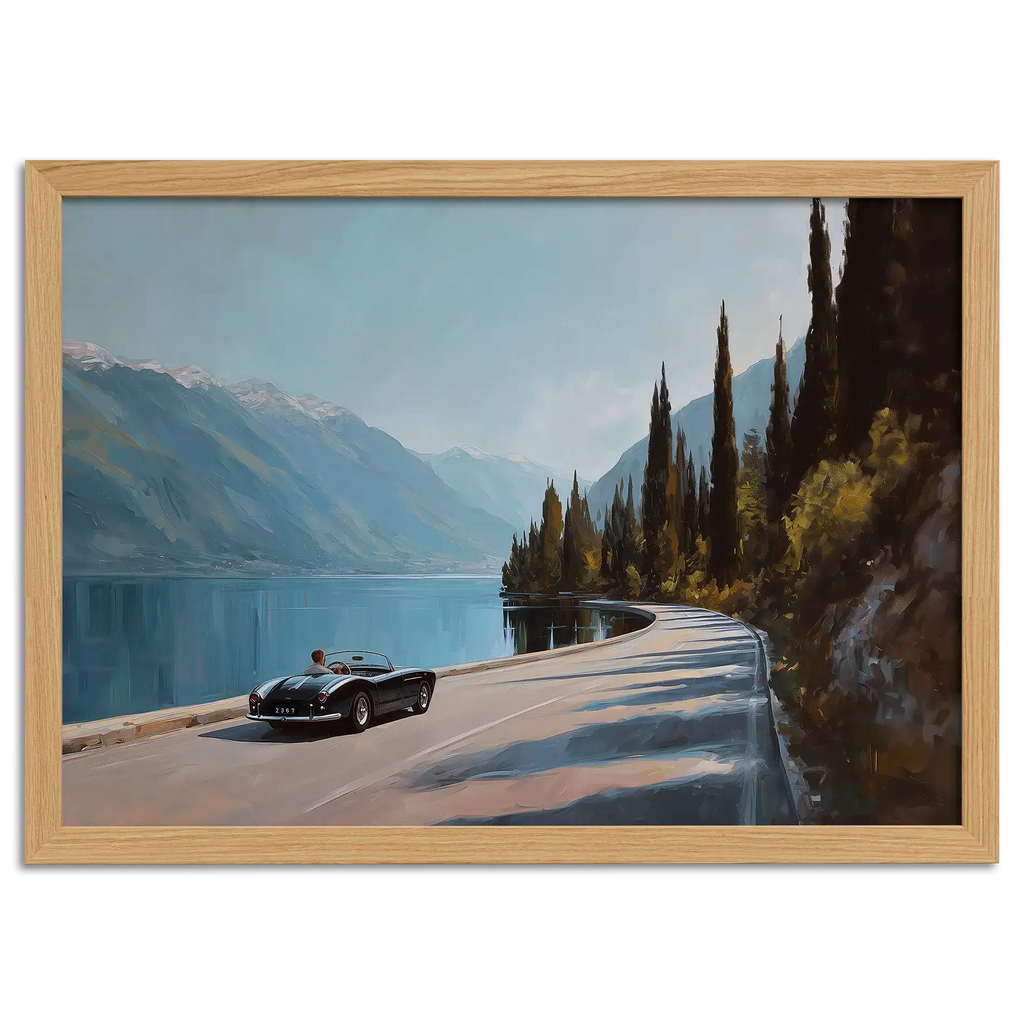Timeless Alpine Grand Tour – Poster featuring a classic roadster by a serene alpine lake.
