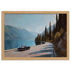 Timeless Alpine Grand Tour – Poster featuring a classic roadster by a serene alpine lake.
