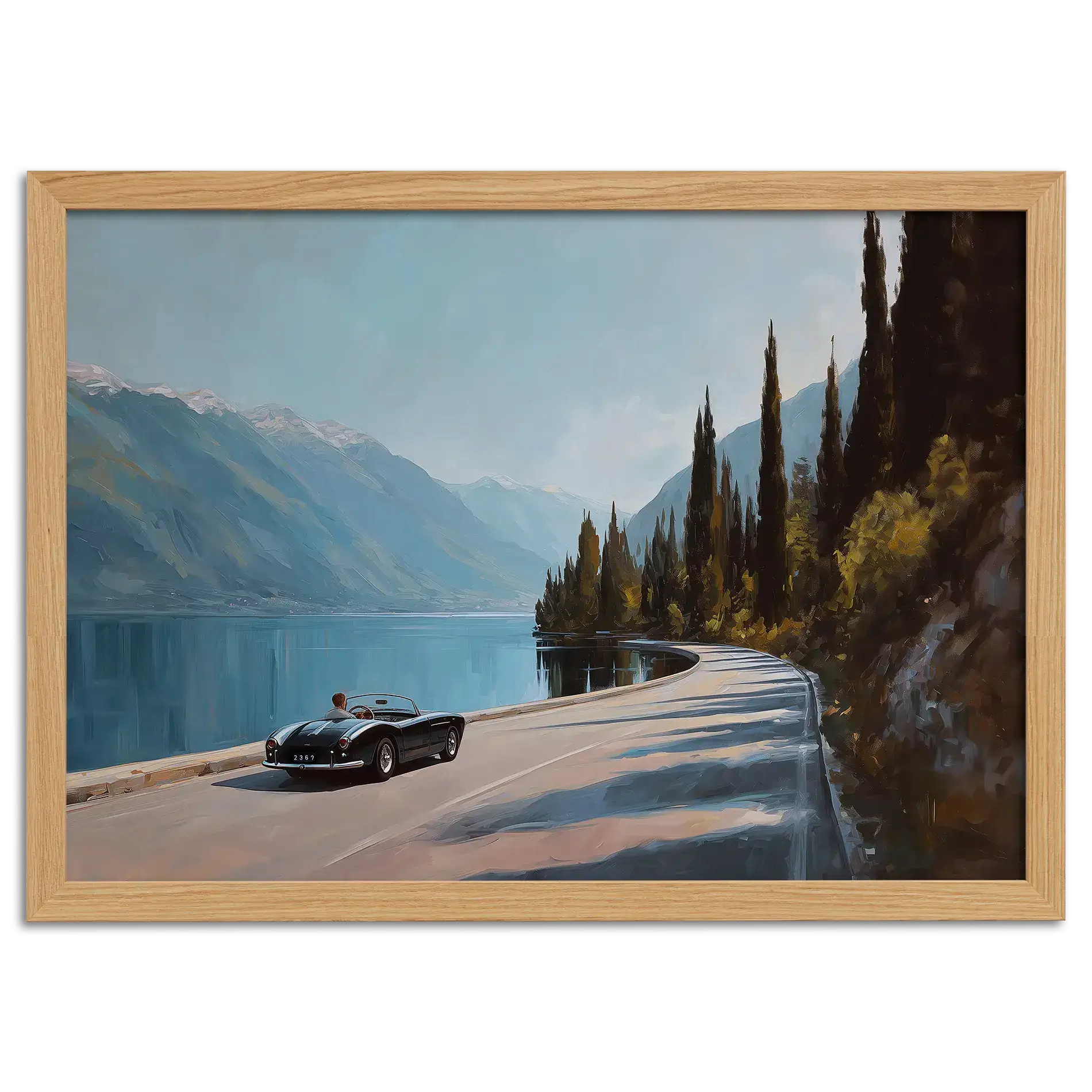 Timeless Alpine Grand Tour – Poster featuring a classic roadster by a serene alpine lake.